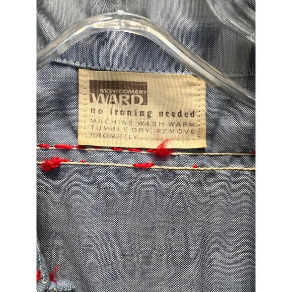 Vintage Montgomery Ward Embroidered Chambray Shirt Red Stitching Floral & Bird D - Picture 3 of 13